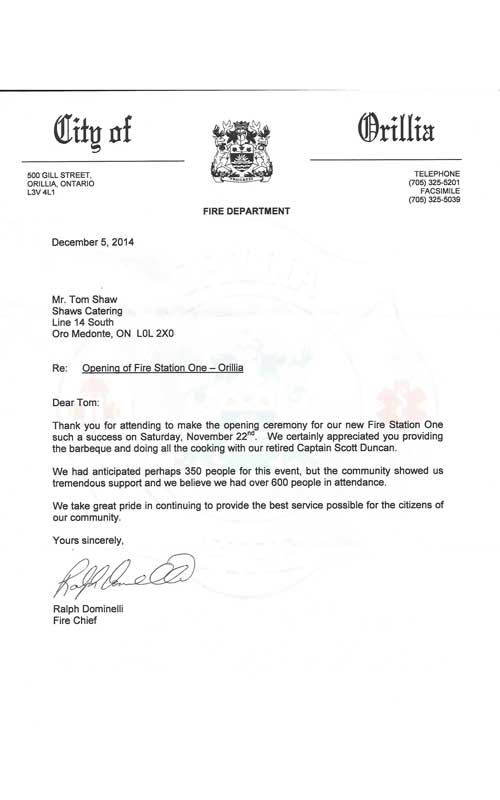 Letter of thanks from Fire Chief - Orillia Fire Hall Opening