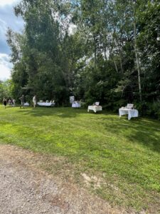 The family placed beautiful memory tables around the property so friends and family could reminisce over photos and items at the celebration of life in Sutton