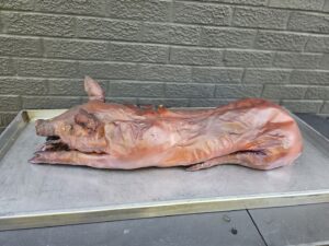 Roasted pig rests before carving