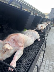 Six pigs in bbqs lined up in a row for this DIY Annual fundraiser