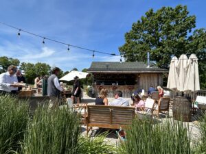 Guests enjoy the stone sitting area at Glen Oro