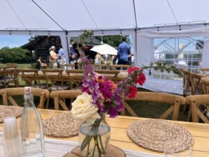 Flower centrepiece at a family party catered by Shaws Catering